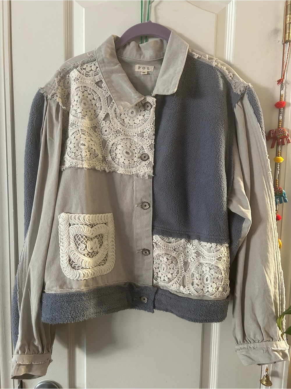 POL Jacket with Lace Patchwork in Light Gray and Blue